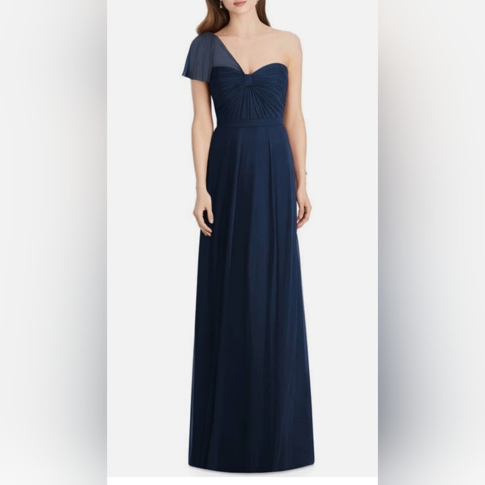 Jenny Packham Women's One Shoulder Chiffon A Line Dress Gown, Size 14, Midnight.